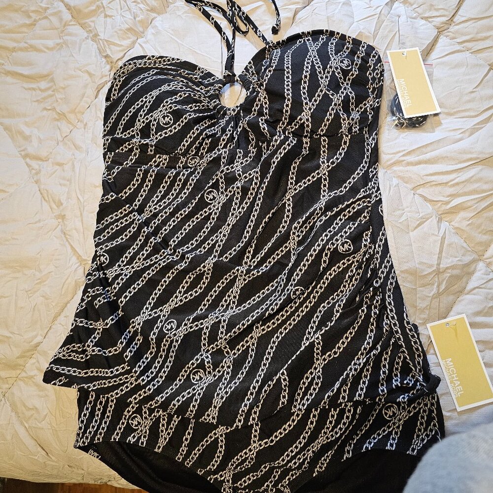 Michael Kors Women’s Black Chain 2 Pc Tankini Briefs Halter Swimsuit Large